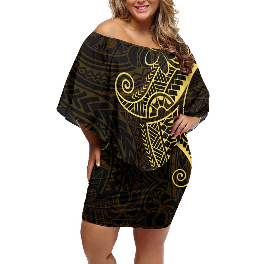 Black Gold Polynesian Tribal Family Matching Off Shoulder Short Dress and Hawaiian Shirt - Polynesian Pride