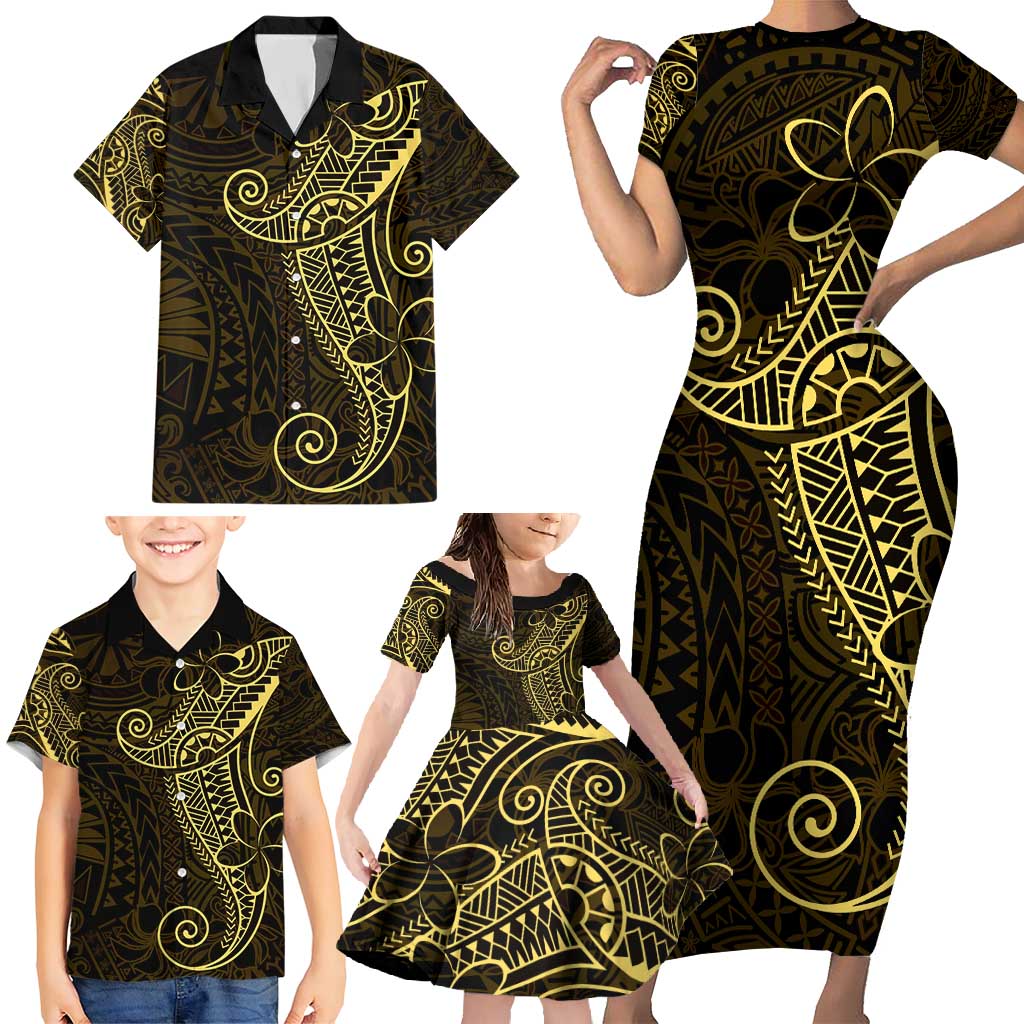 Black Gold Polynesian Tribal Family Matching Short Sleeve Bodycon Dress and Hawaiian Shirt - Polynesian Pride