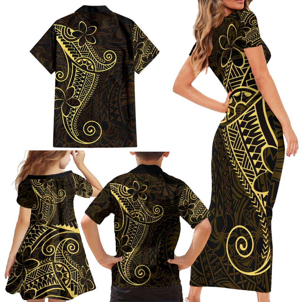 Black Gold Polynesian Tribal Family Matching Short Sleeve Bodycon Dress and Hawaiian Shirt - Polynesian Pride