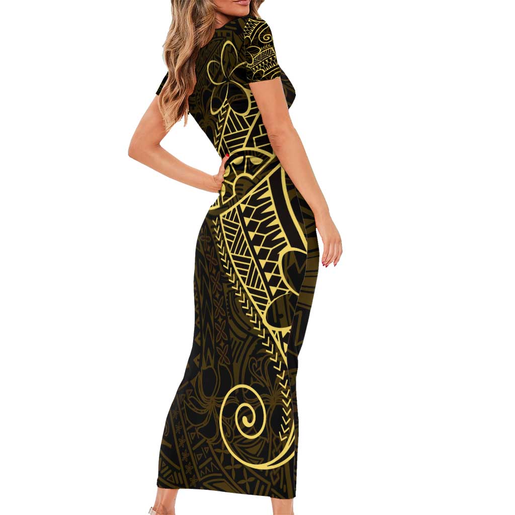 Black Gold Polynesian Tribal Family Matching Short Sleeve Bodycon Dress and Hawaiian Shirt - Polynesian Pride