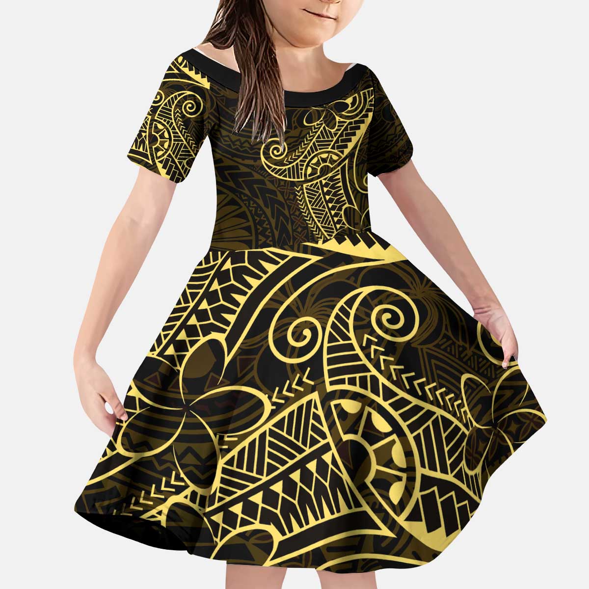 Black Gold Polynesian Tribal Kid Short Sleeve Dress LT9 KID Gold - Polynesian Pride