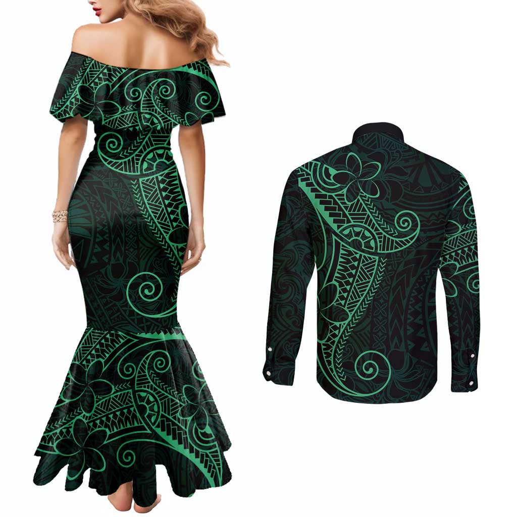 Black Green Polynesian Tribal Couples Matching Mermaid Dress and Long Sleeve Button Shirt LT9 - Polynesian Pride