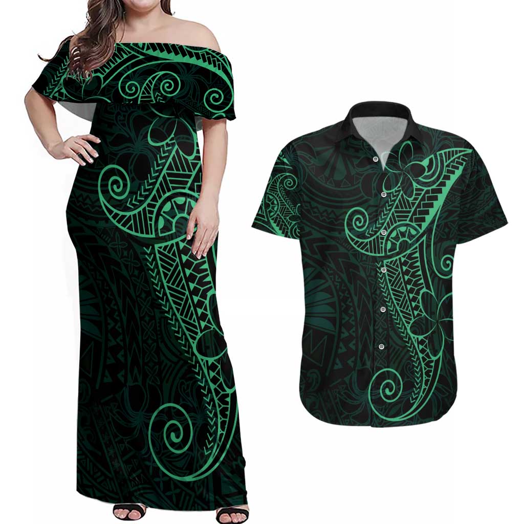 Black Green Polynesian Tribal Couples Matching Off Shoulder Maxi Dress and Hawaiian Shirt - Polynesian Pride