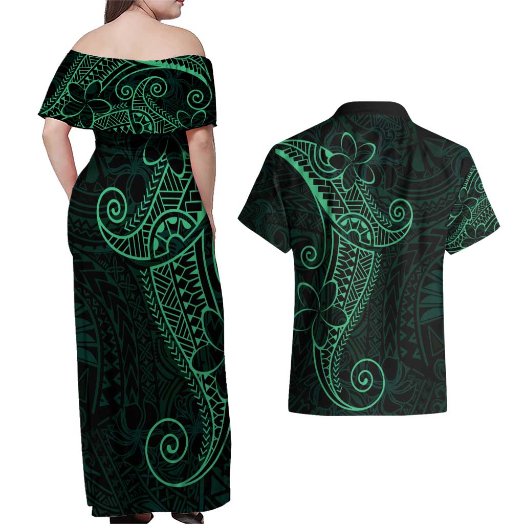 Black Green Polynesian Tribal Couples Matching Off Shoulder Maxi Dress and Hawaiian Shirt - Polynesian Pride