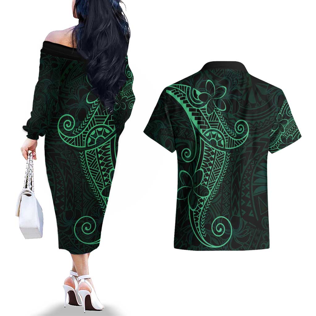 Black Green Polynesian Tribal Couples Matching Off The Shoulder Long Sleeve Dress and Hawaiian Shirt - Polynesian Pride