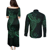 Black Green Polynesian Tribal Couples Matching Puletasi and Long Sleeve Button Shirt - Polynesian Pride