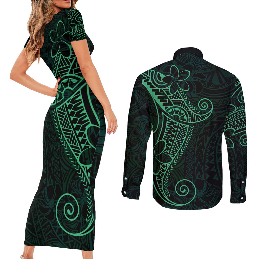 Black Green Polynesian Tribal Couples Matching Short Sleeve Bodycon Dress and Long Sleeve Button Shirt LT9 - Polynesian Pride