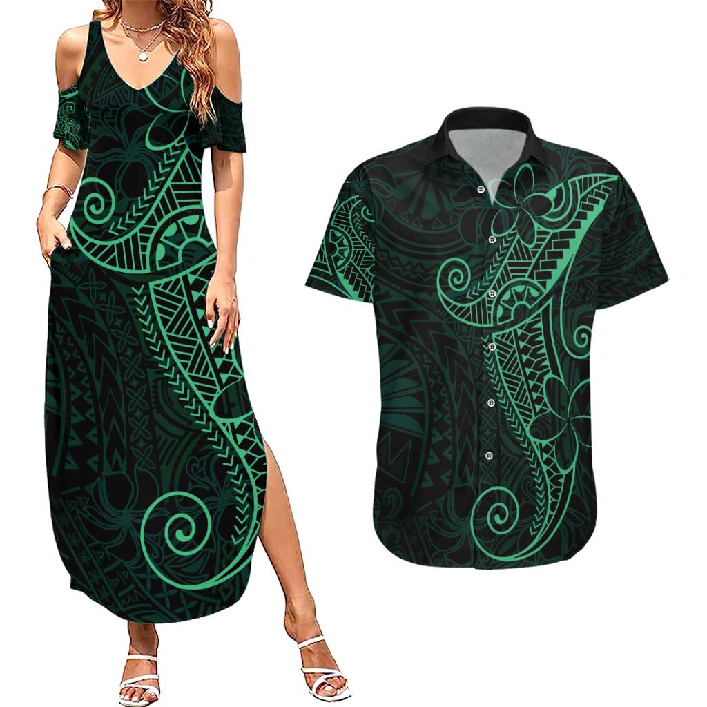 Black Green Polynesian Tribal Couples Matching Summer Maxi Dress and Hawaiian Shirt - Polynesian Pride