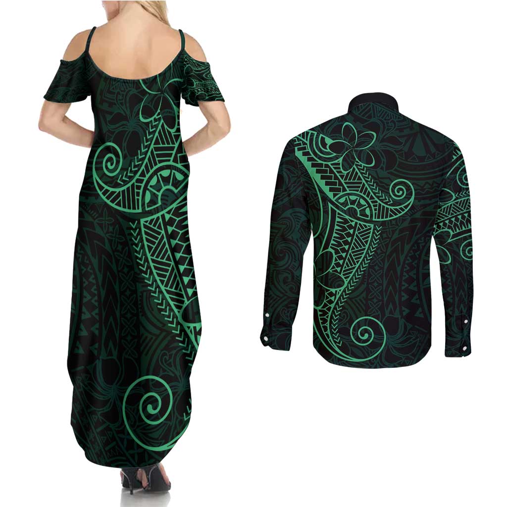 Black Green Polynesian Tribal Couples Matching Summer Maxi Dress and Long Sleeve Button Shirt LT9 - Polynesian Pride