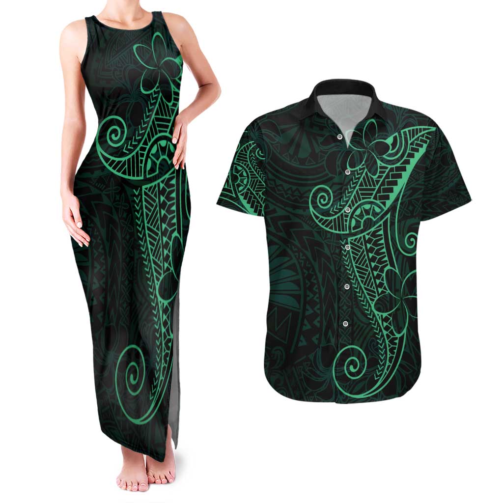Black Green Polynesian Tribal Couples Matching Tank Maxi Dress and Hawaiian Shirt - Polynesian Pride