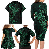 Black Green Polynesian Tribal Family Matching Long Sleeve Bodycon Dress and Hawaiian Shirt - Polynesian Pride