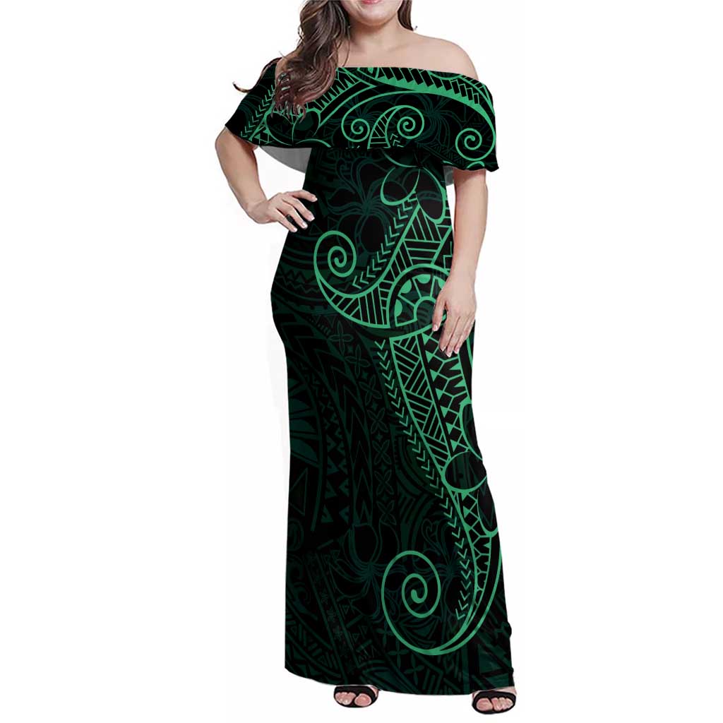 Black Green Polynesian Tribal Family Matching Off Shoulder Maxi Dress and Hawaiian Shirt - Polynesian Pride