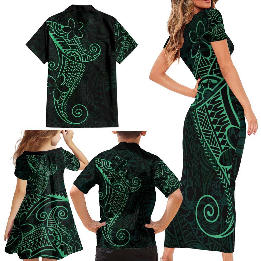 Black Green Polynesian Tribal Family Matching Short Sleeve Bodycon Dress and Hawaiian Shirt - Polynesian Pride