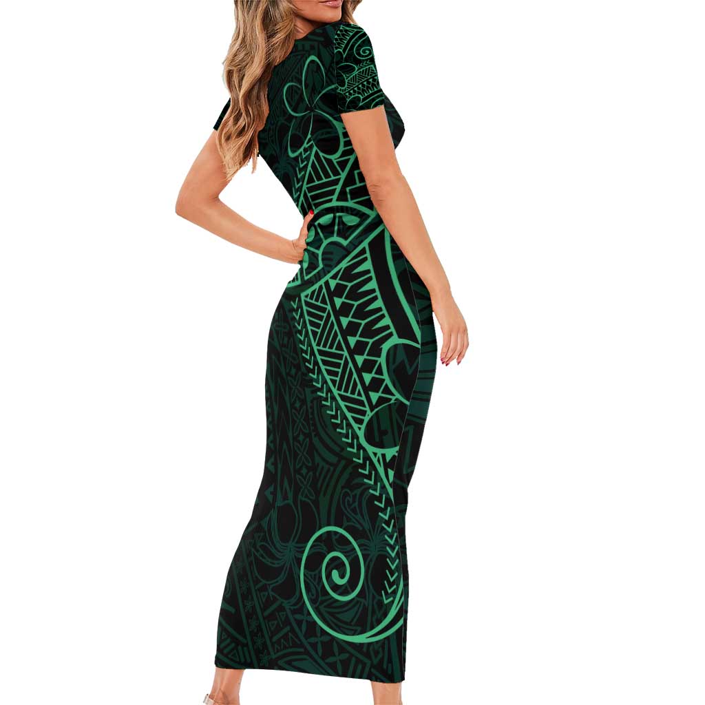 Black Green Polynesian Tribal Family Matching Short Sleeve Bodycon Dress and Hawaiian Shirt - Polynesian Pride