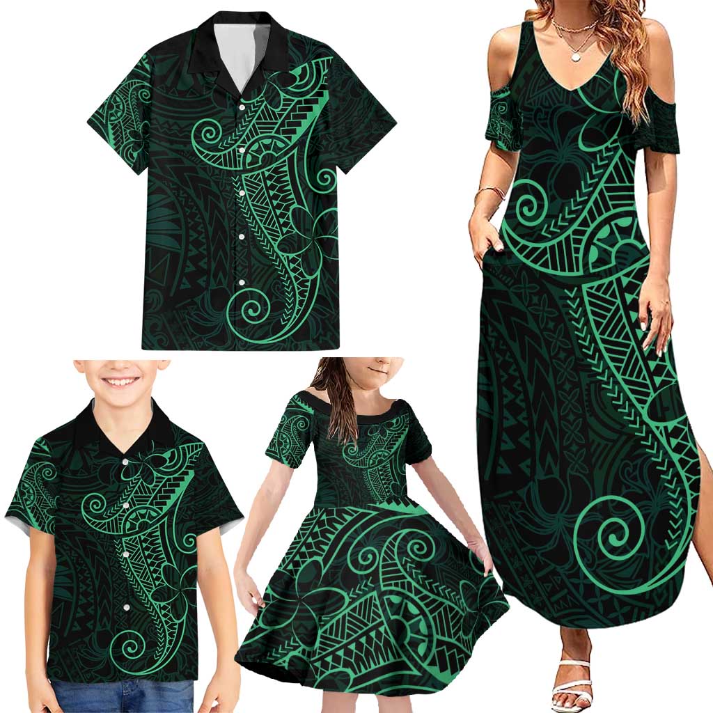Black Green Polynesian Tribal Family Matching Summer Maxi Dress and Hawaiian Shirt - Polynesian Pride