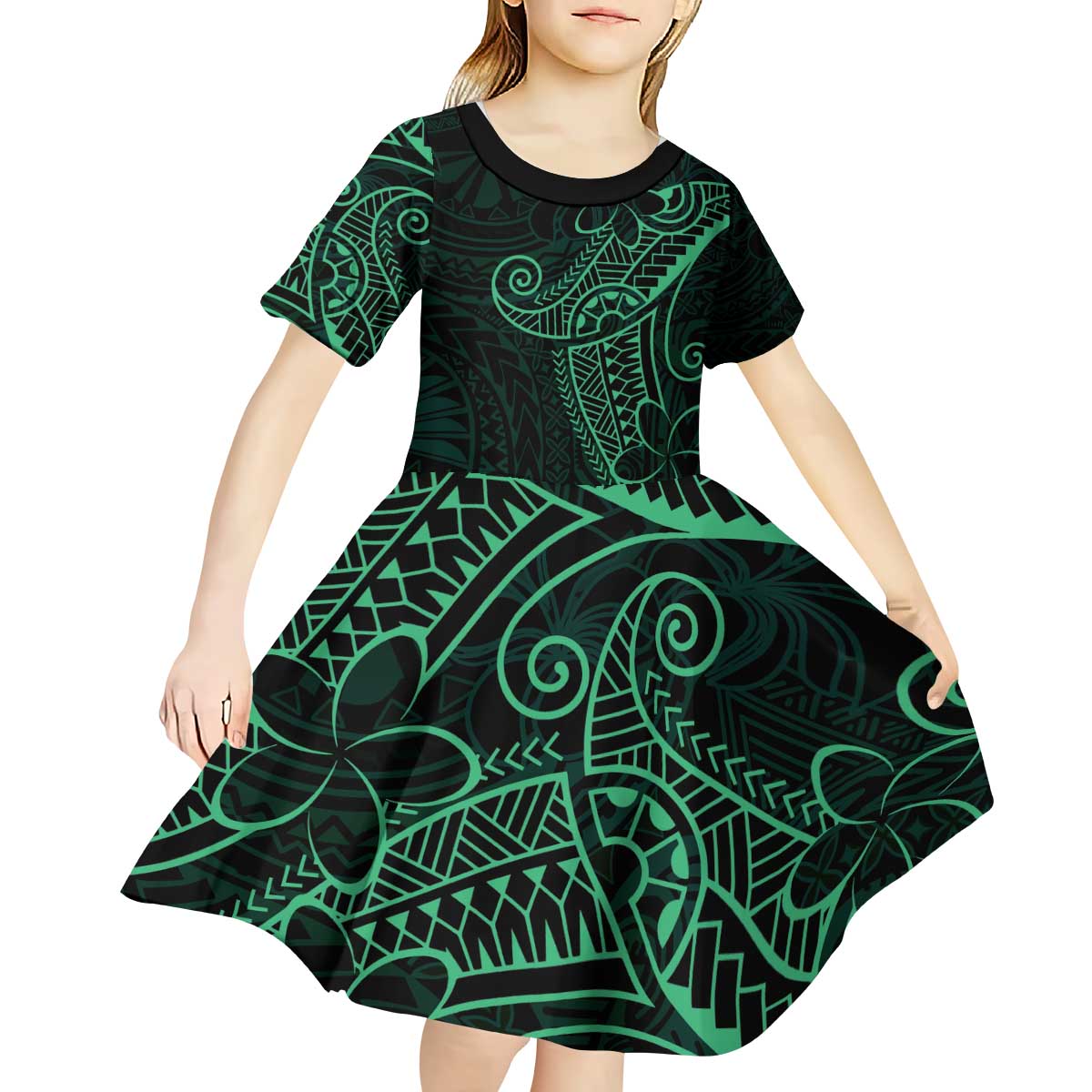 Black Green Polynesian Tribal Kid Short Sleeve Dress LT9 - Polynesian Pride