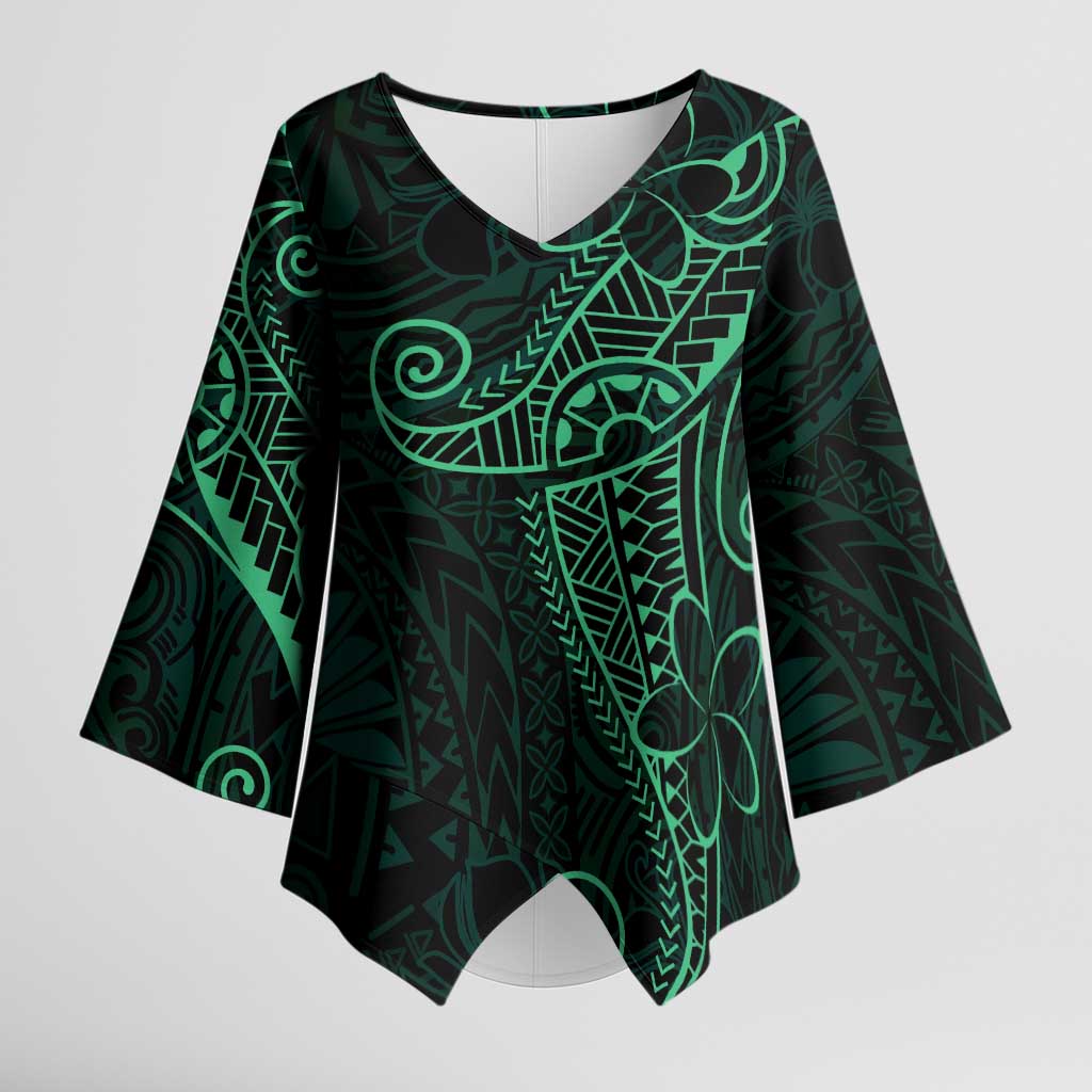 Black Green Polynesian Tribal Kimono Sleeve Blouse - Polynesian Pride