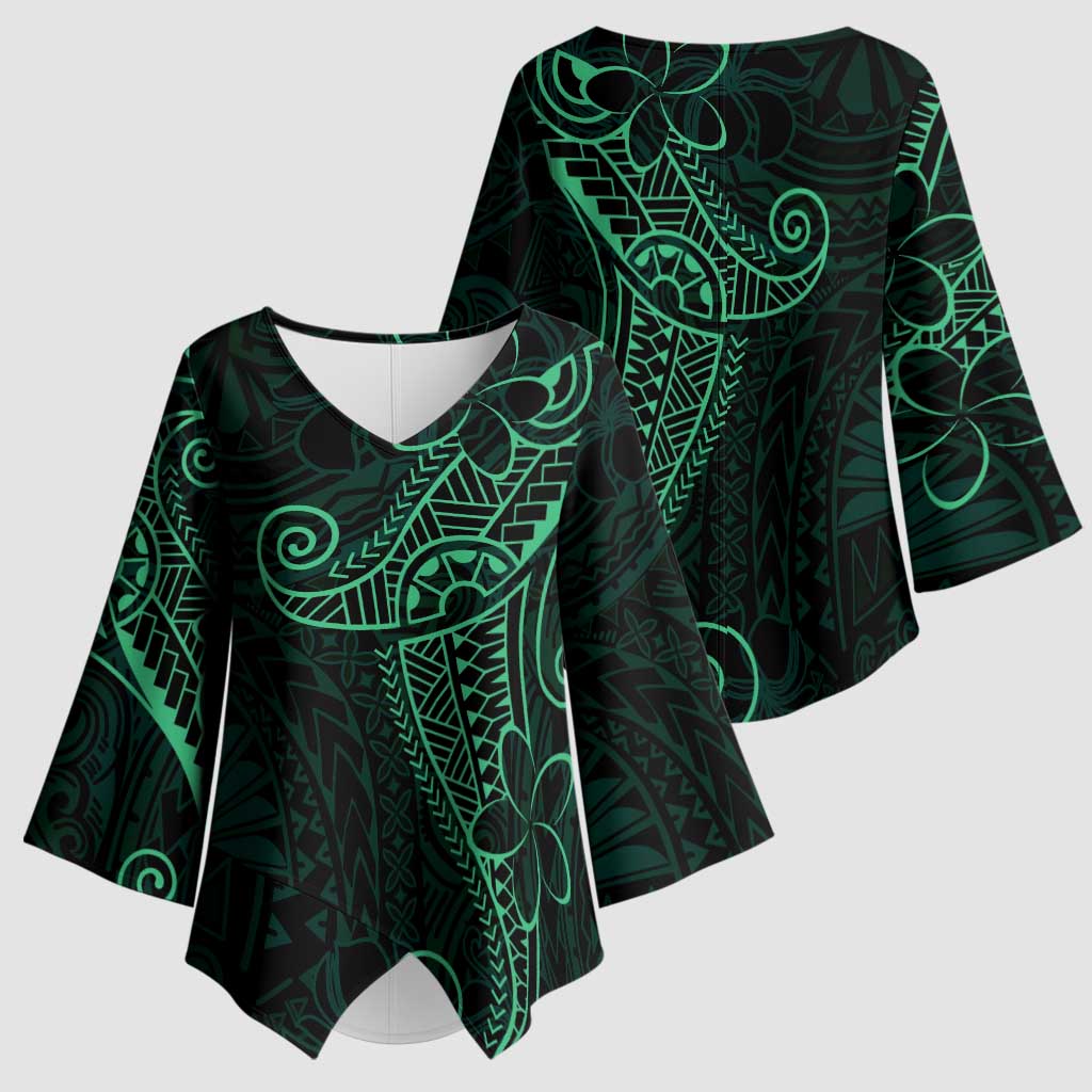 Black Green Polynesian Tribal Kimono Sleeve Blouse - Polynesian Pride
