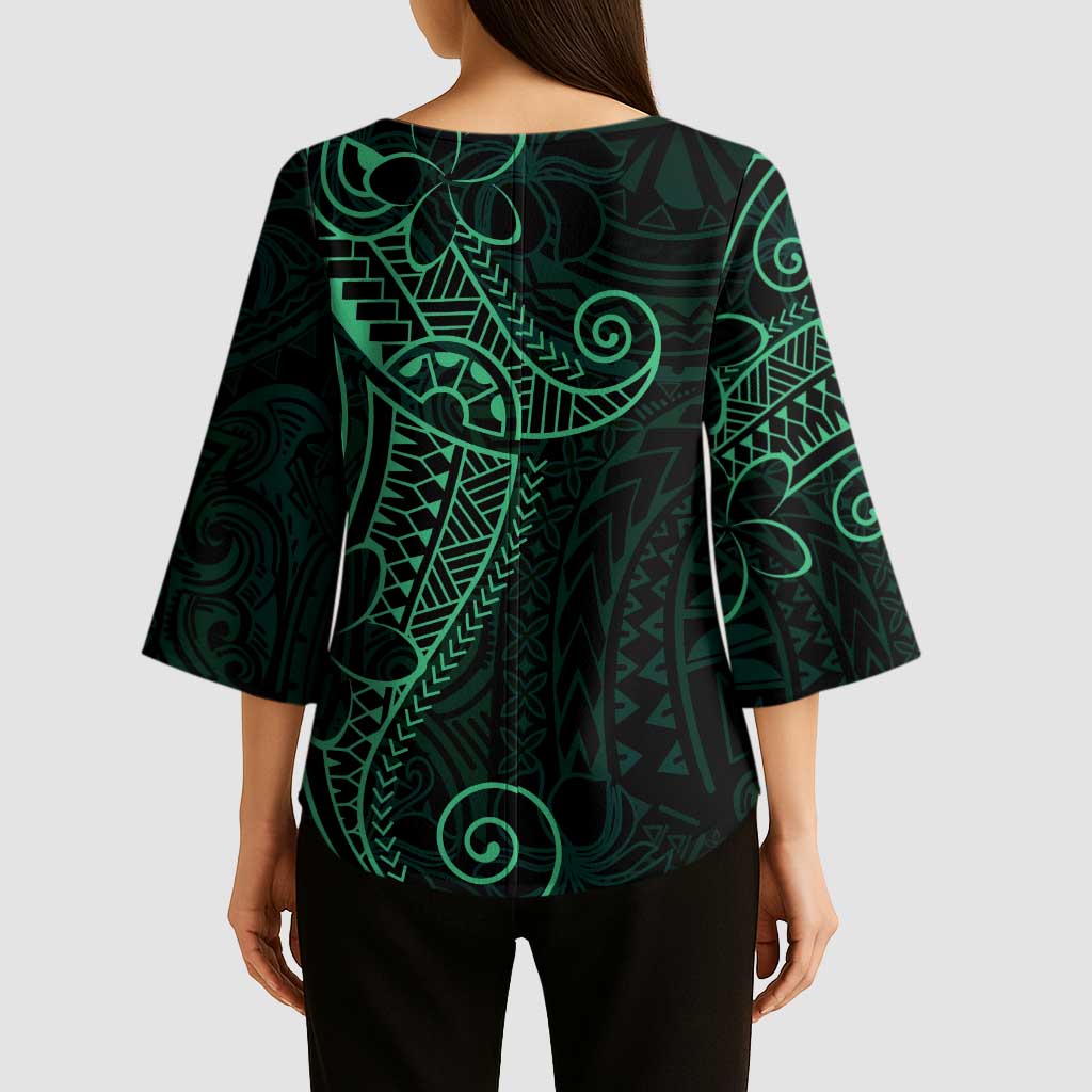Black Green Polynesian Tribal Kimono Sleeve Blouse - Polynesian Pride