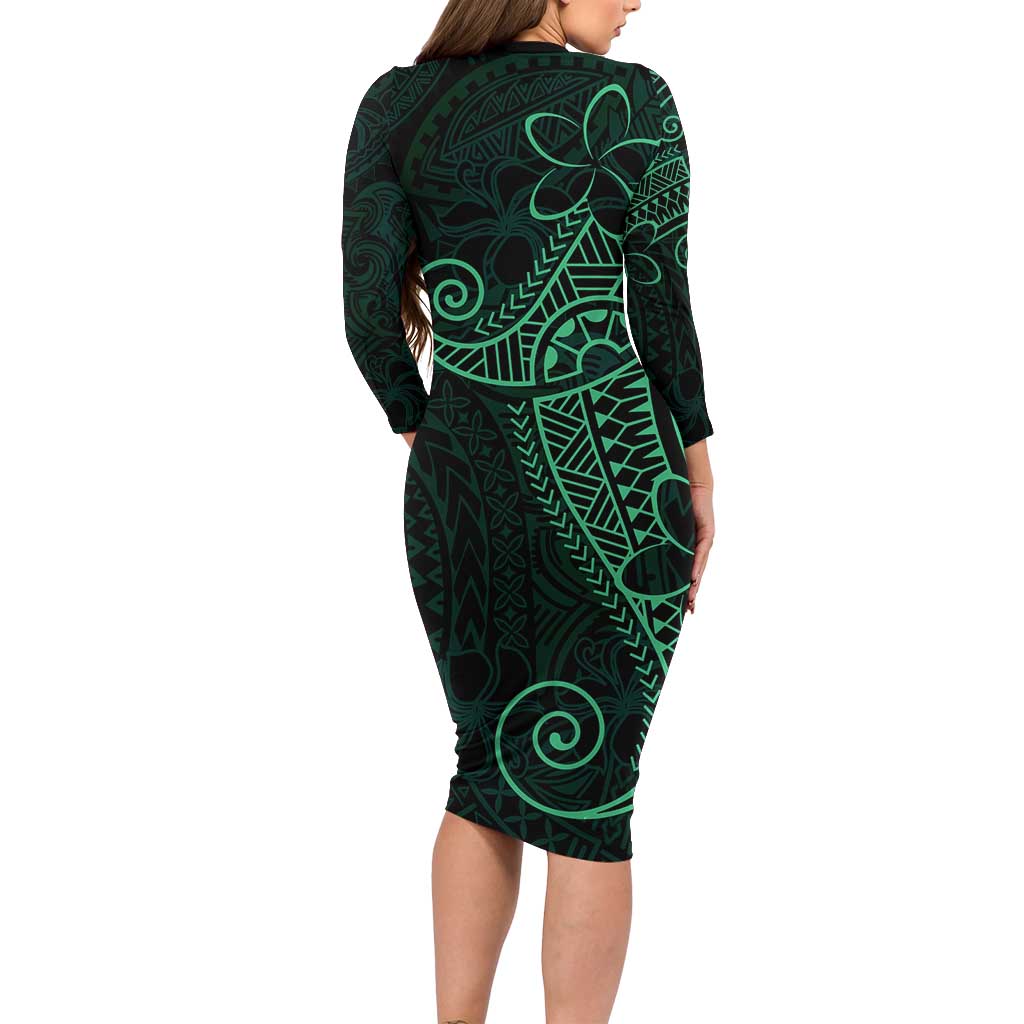 Black Green Polynesian Tribal Long Sleeve Bodycon Dress - Polynesian Pride