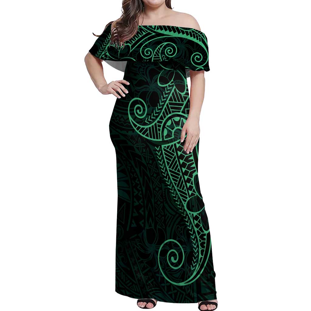 Black Green Polynesian Tribal Off Shoulder Maxi Dress - Polynesian Pride