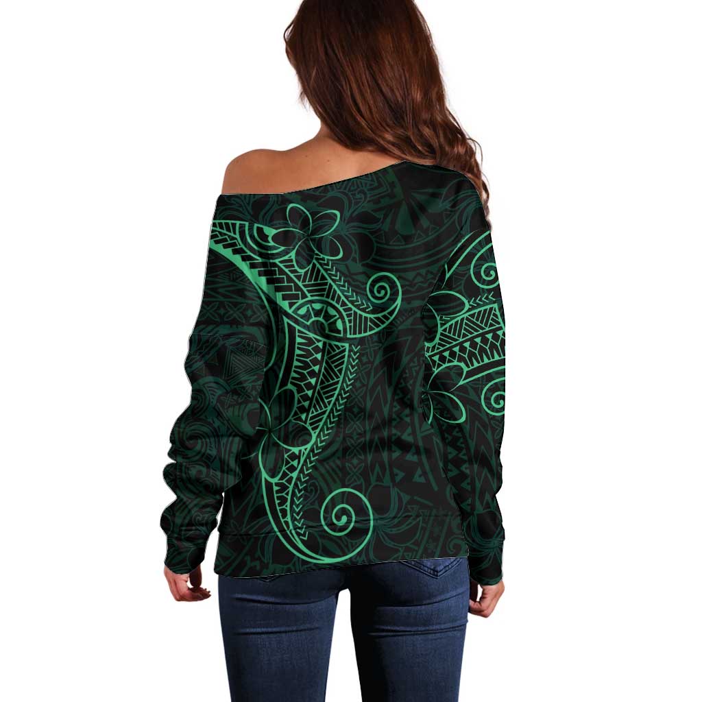 Black Green Polynesian Tribal Off Shoulder Sweater - Polynesian Pride