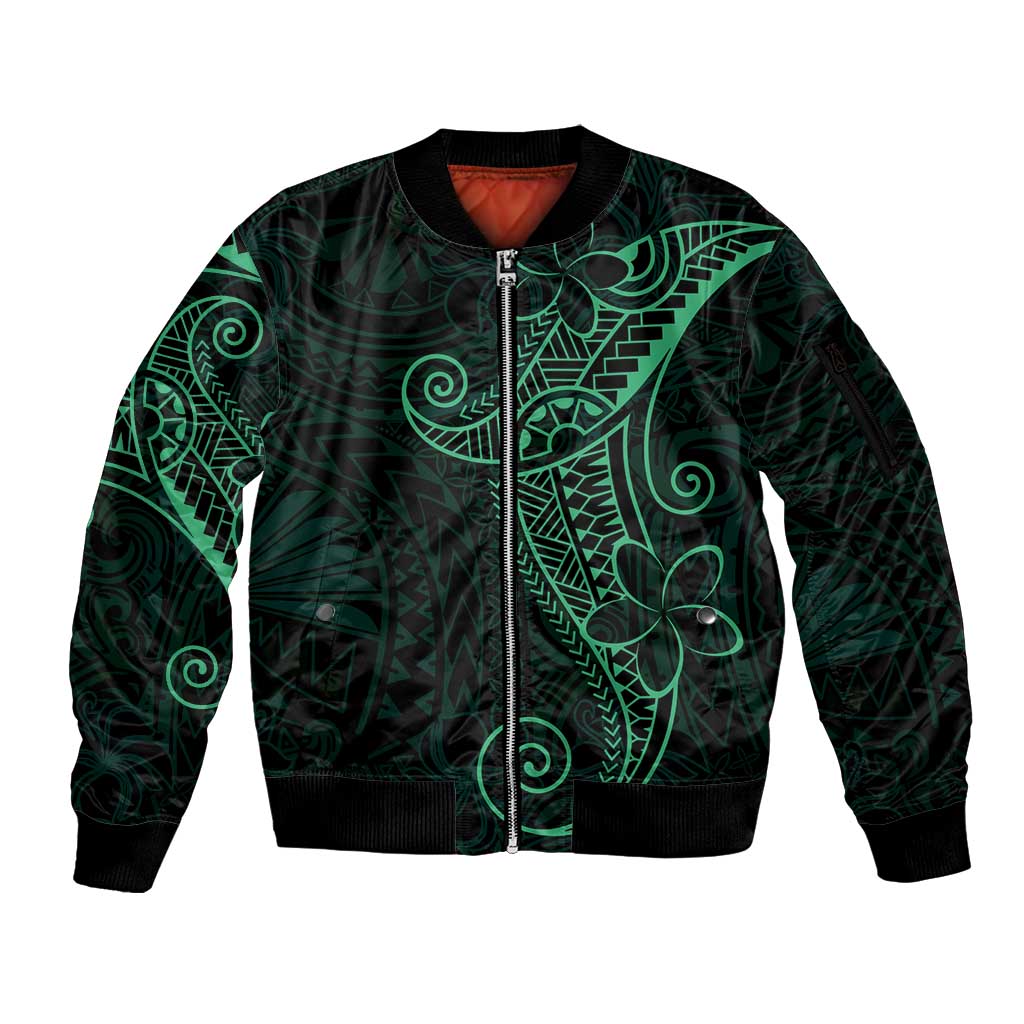 Black Green Polynesian Tribal Sleeve Zip Bomber Jacket - Polynesian Pride