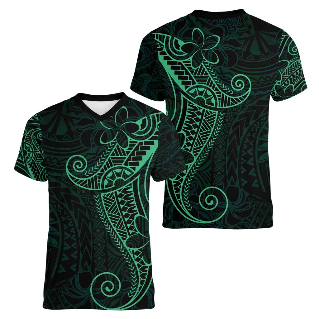 Black Green Polynesian Tribal Women V-Neck T-Shirt - Polynesian Pride