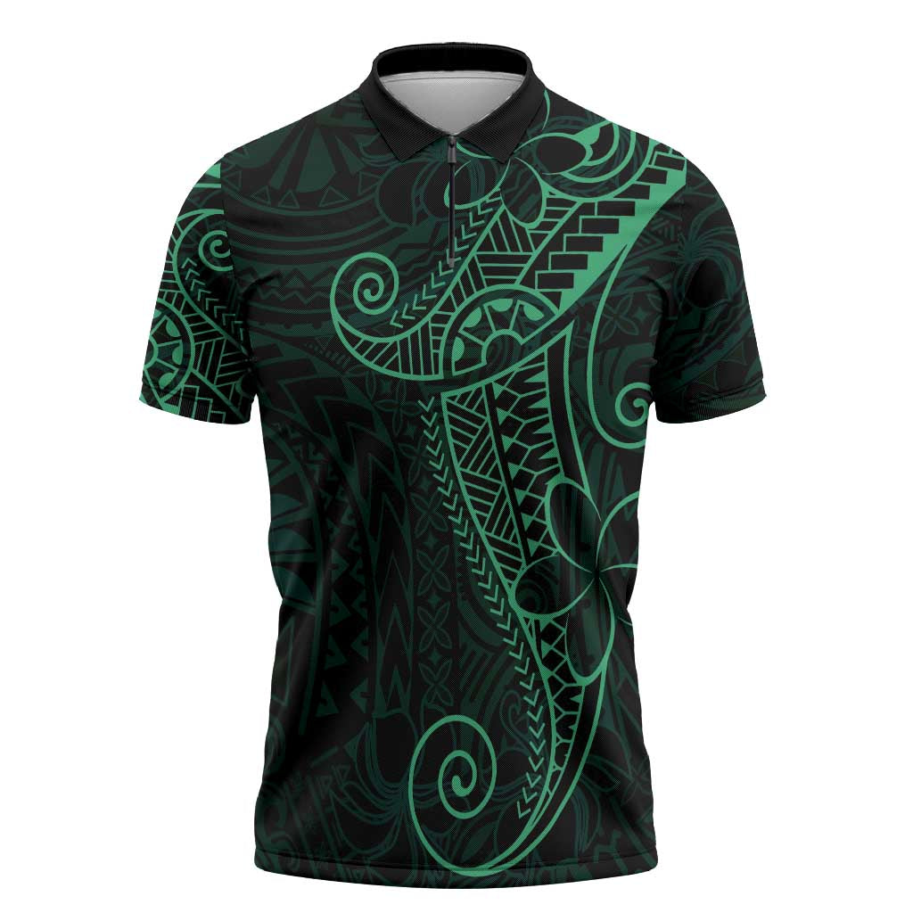 Black Green Polynesian Tribal Zipper Polo Shirt - Polynesian Pride