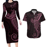 Black Pink Polynesian Tribal Couples Matching Long Sleeve Bodycon Dress and Hawaiian Shirt - Polynesian Pride