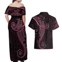 Black Pink Polynesian Tribal Couples Matching Off Shoulder Maxi Dress and Hawaiian Shirt - Polynesian Pride