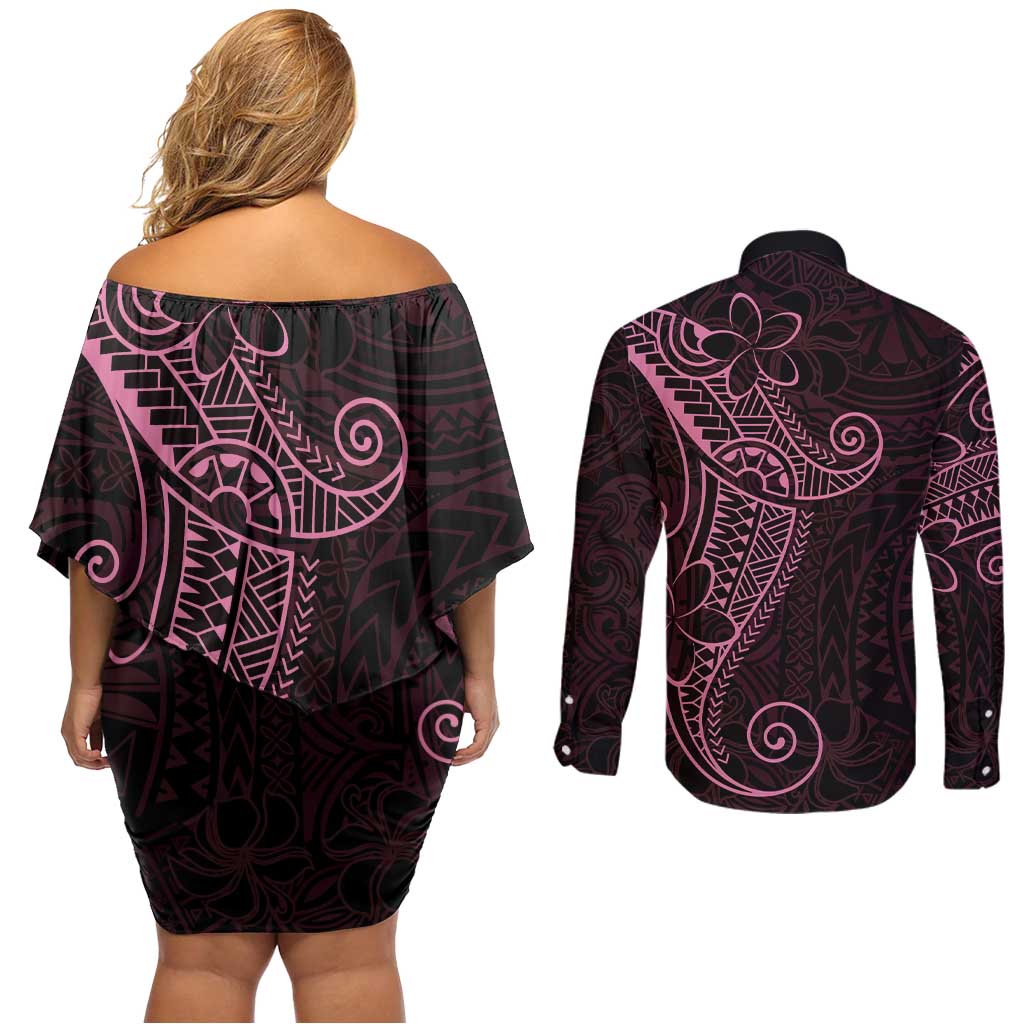 Black Pink Polynesian Tribal Couples Matching Off Shoulder Short Dress and Long Sleeve Button Shirt LT9 - Polynesian Pride
