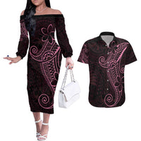 Black Pink Polynesian Tribal Couples Matching Off The Shoulder Long Sleeve Dress and Hawaiian Shirt - Polynesian Pride