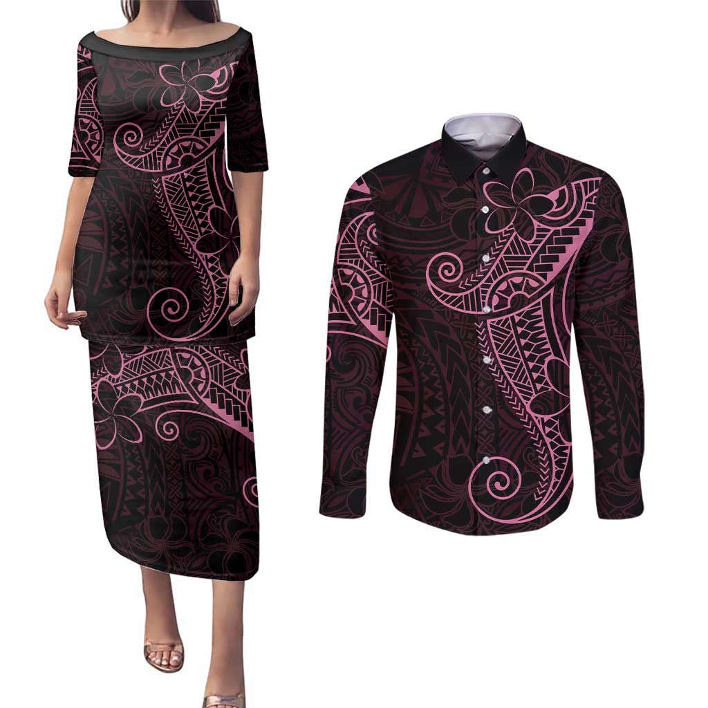 Black Pink Polynesian Tribal Couples Matching Puletasi and Long Sleeve Button Shirt - Polynesian Pride