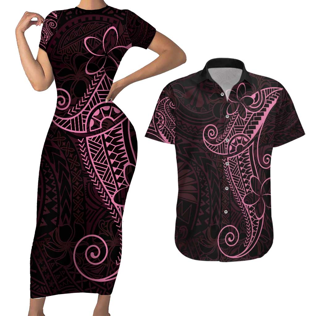 Black Pink Polynesian Tribal Couples Matching Short Sleeve Bodycon Dress and Hawaiian Shirt - Polynesian Pride