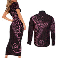 Black Pink Polynesian Tribal Couples Matching Short Sleeve Bodycon Dress and Long Sleeve Button Shirt LT9 - Polynesian Pride