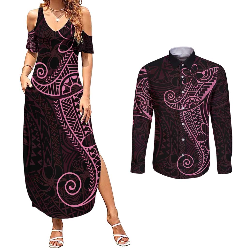 Black Pink Polynesian Tribal Couples Matching Summer Maxi Dress and Long Sleeve Button Shirt - Polynesian Pride