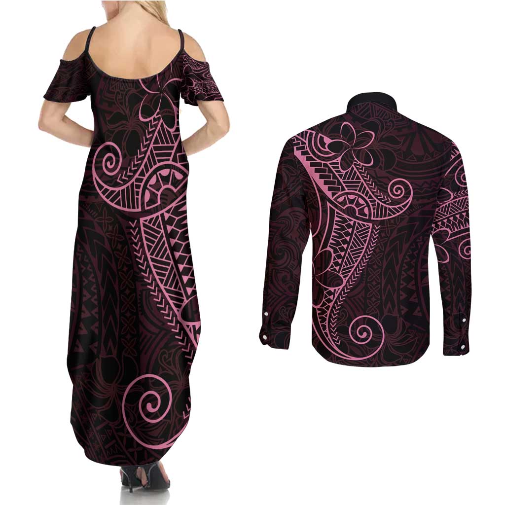 Black Pink Polynesian Tribal Couples Matching Summer Maxi Dress and Long Sleeve Button Shirt - Polynesian Pride