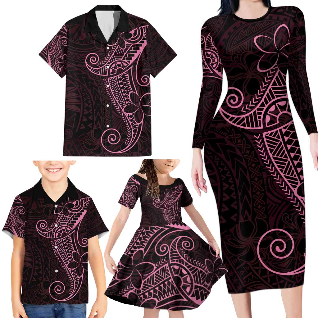 Black Pink Polynesian Tribal Family Matching Long Sleeve Bodycon Dress and Hawaiian Shirt - Polynesian Pride