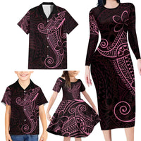 Black Pink Polynesian Tribal Family Matching Long Sleeve Bodycon Dress and Hawaiian Shirt - Polynesian Pride