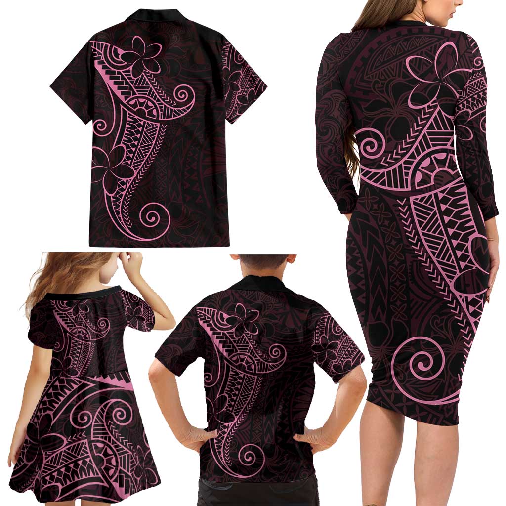 Black Pink Polynesian Tribal Family Matching Long Sleeve Bodycon Dress and Hawaiian Shirt - Polynesian Pride