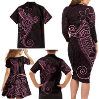 Black Pink Polynesian Tribal Family Matching Long Sleeve Bodycon Dress and Hawaiian Shirt - Polynesian Pride