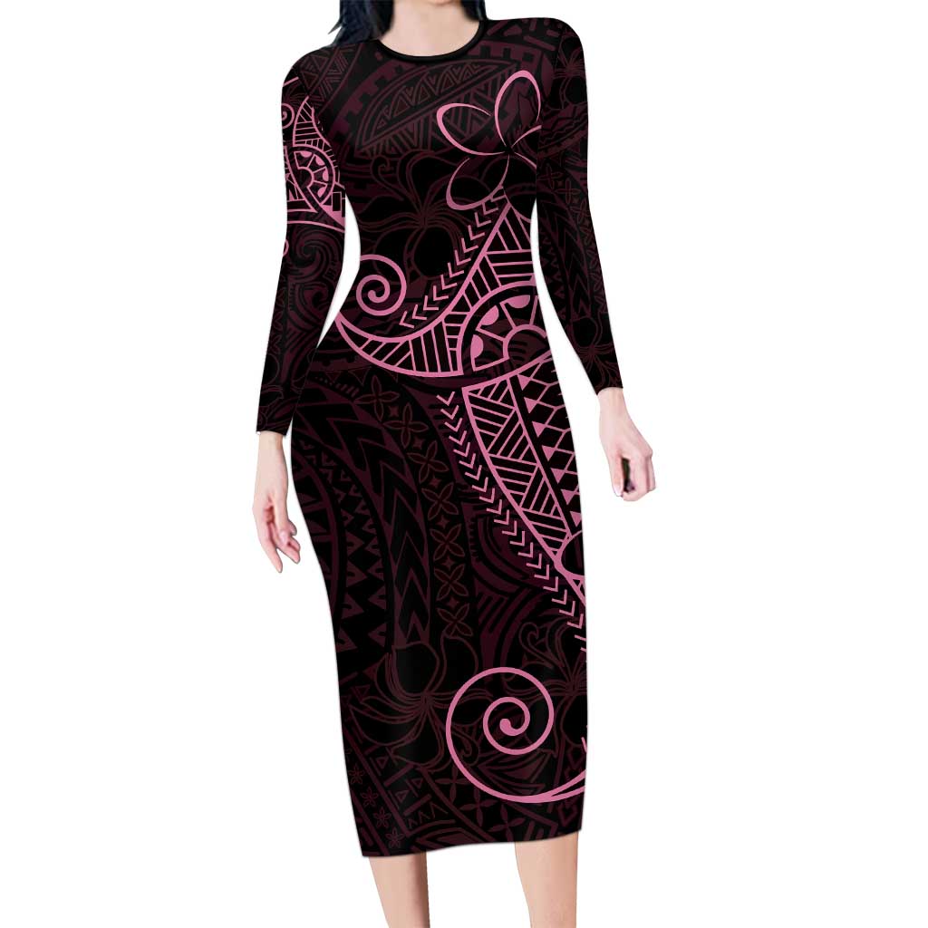 Black Pink Polynesian Tribal Family Matching Long Sleeve Bodycon Dress and Hawaiian Shirt - Polynesian Pride