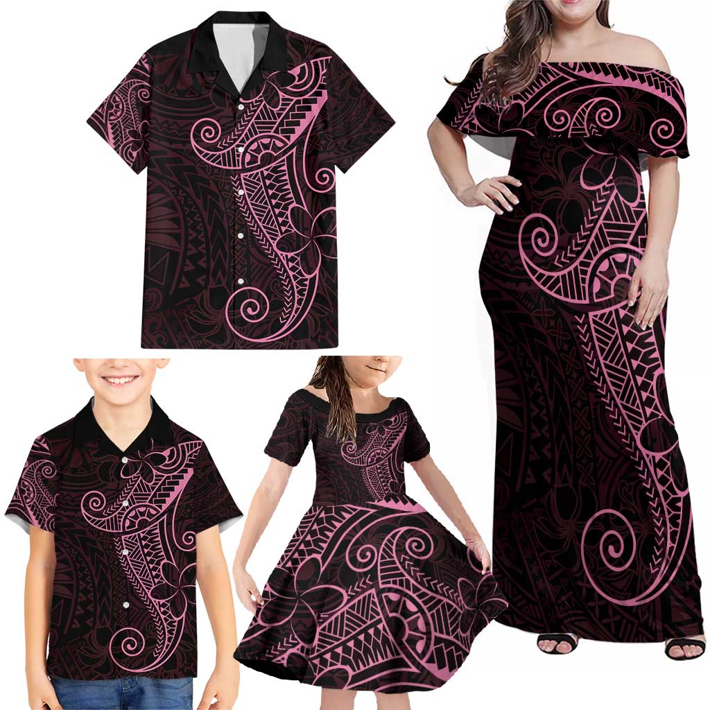 Black Pink Polynesian Tribal Family Matching Off Shoulder Maxi Dress and Hawaiian Shirt - Polynesian Pride