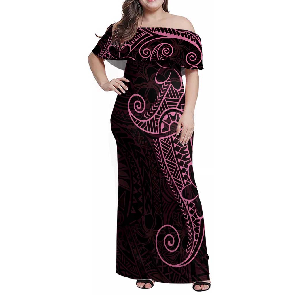 Black Pink Polynesian Tribal Family Matching Off Shoulder Maxi Dress and Hawaiian Shirt - Polynesian Pride