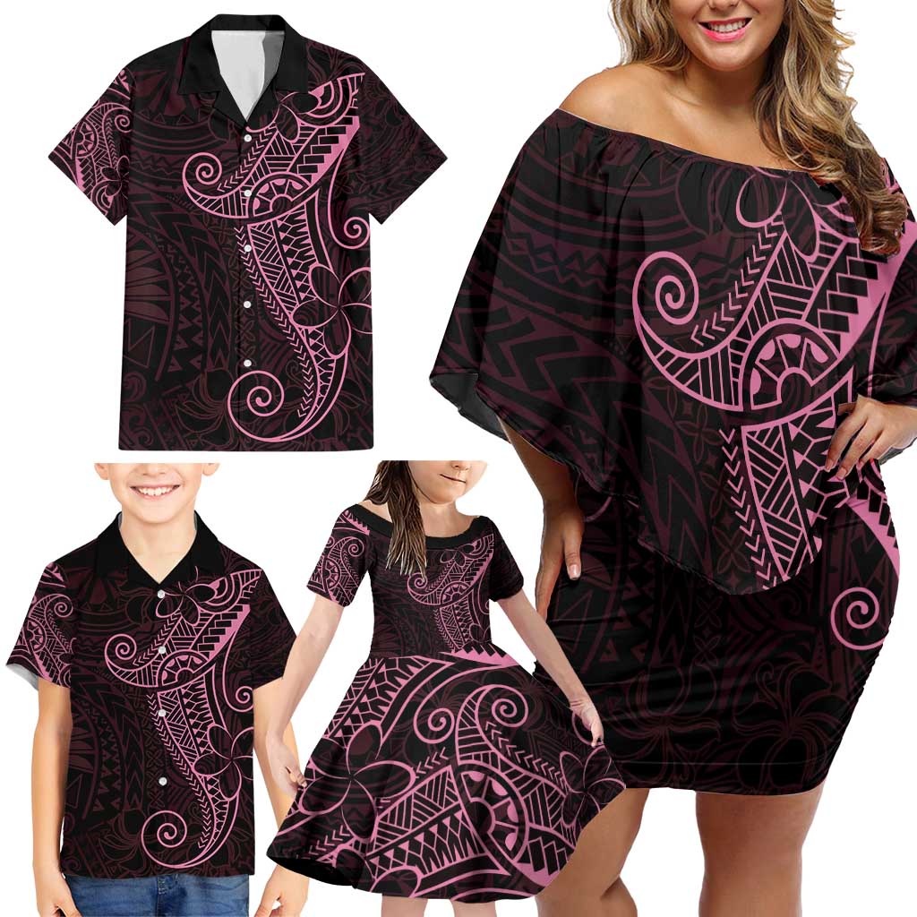 Black Pink Polynesian Tribal Family Matching Off Shoulder Short Dress and Hawaiian Shirt - Polynesian Pride
