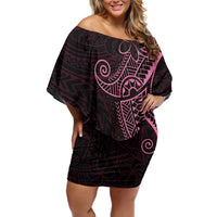 Black Pink Polynesian Tribal Family Matching Off Shoulder Short Dress and Hawaiian Shirt - Polynesian Pride