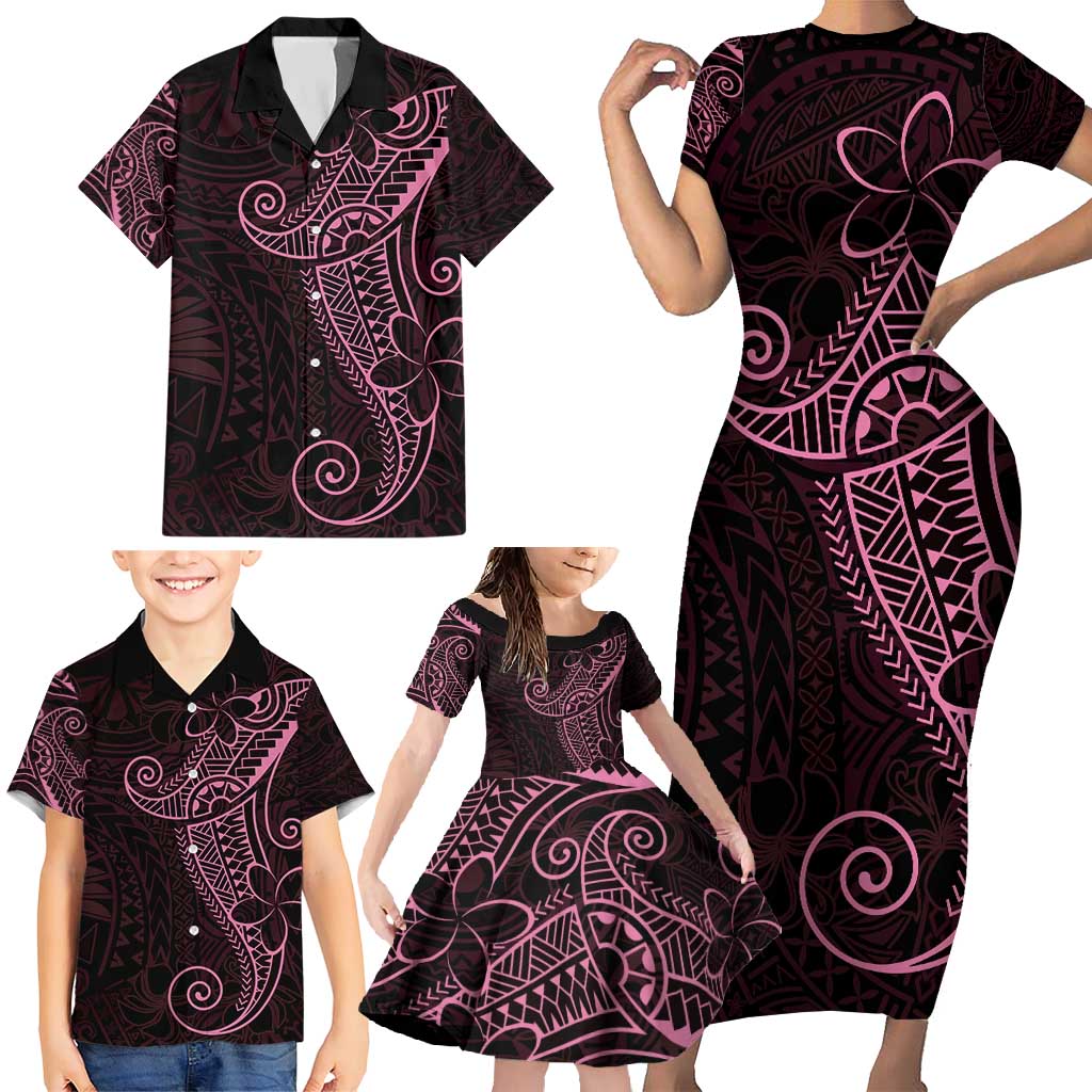 Black Pink Polynesian Tribal Family Matching Short Sleeve Bodycon Dress and Hawaiian Shirt - Polynesian Pride