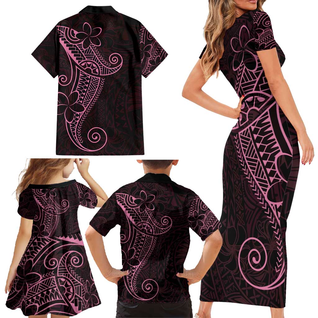 Black Pink Polynesian Tribal Family Matching Short Sleeve Bodycon Dress and Hawaiian Shirt - Polynesian Pride
