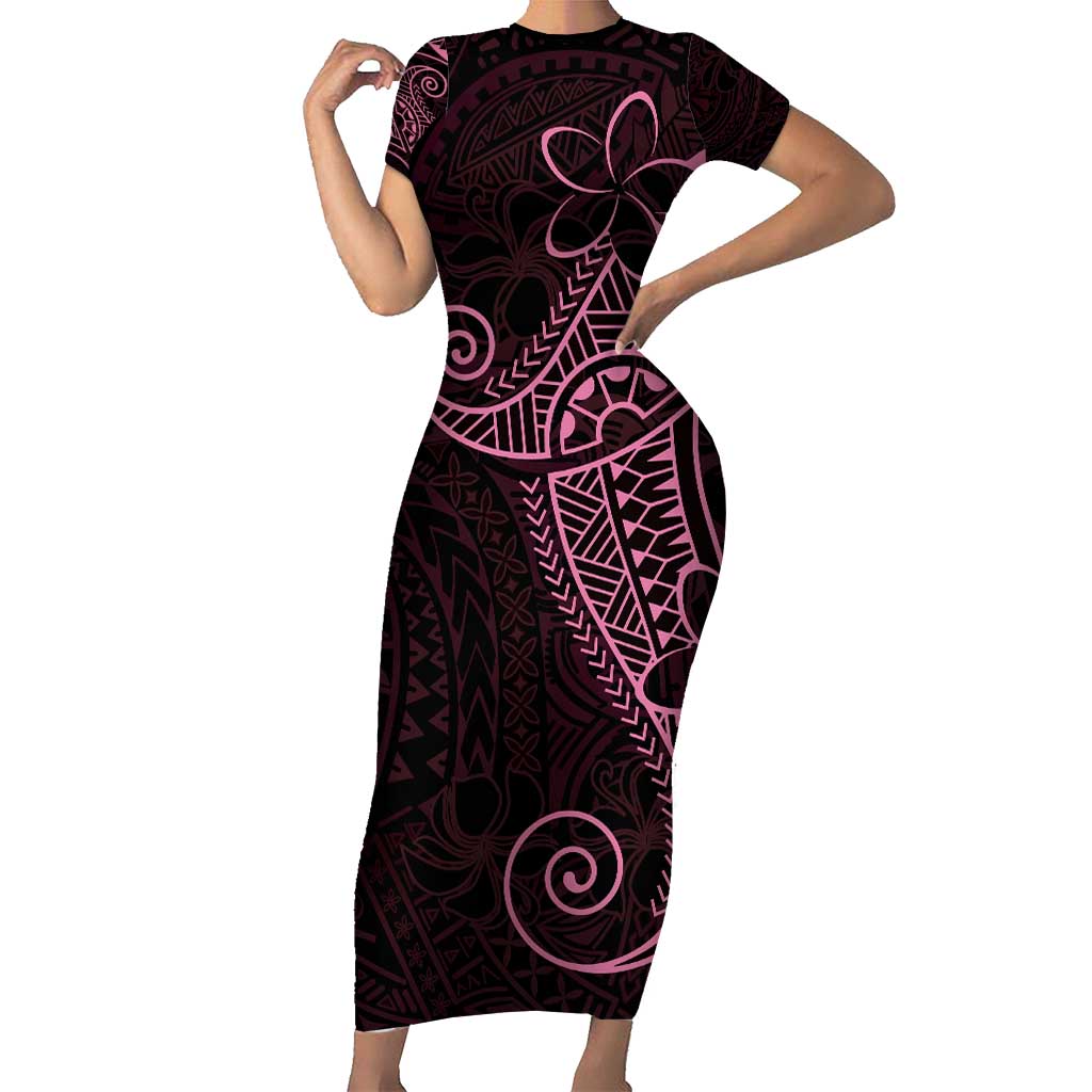 Black Pink Polynesian Tribal Family Matching Short Sleeve Bodycon Dress and Hawaiian Shirt - Polynesian Pride